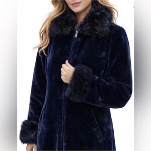 Dennis by Dennis Basso Navy Faux Fur-Trim Coat with Detachable Hood